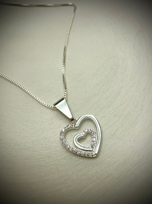 Collar Doble Corazón Brillante (Plata 925)