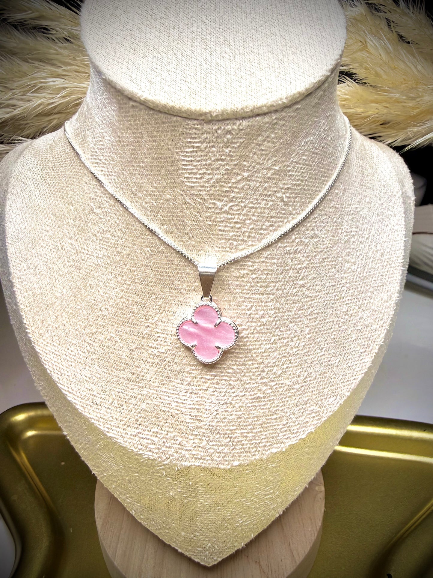 Collar Trébol Rosa Nácar (Plata italiana 925) 45cm