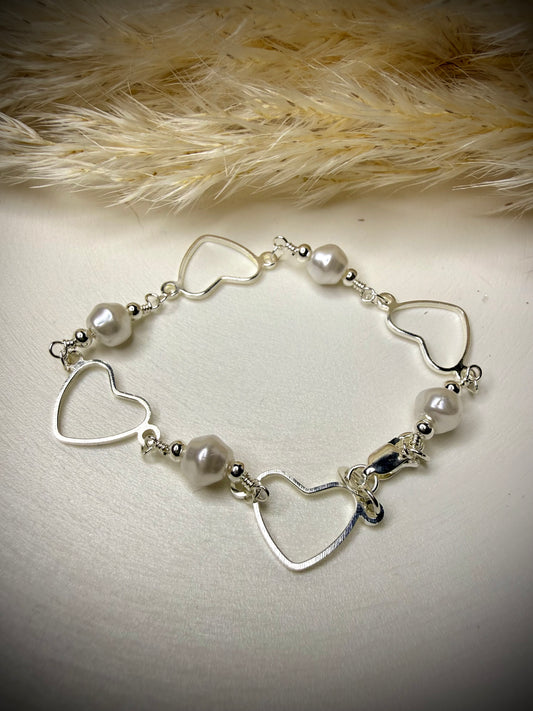 Pulsera Corazones & Perlas (Plata Italiana 925)