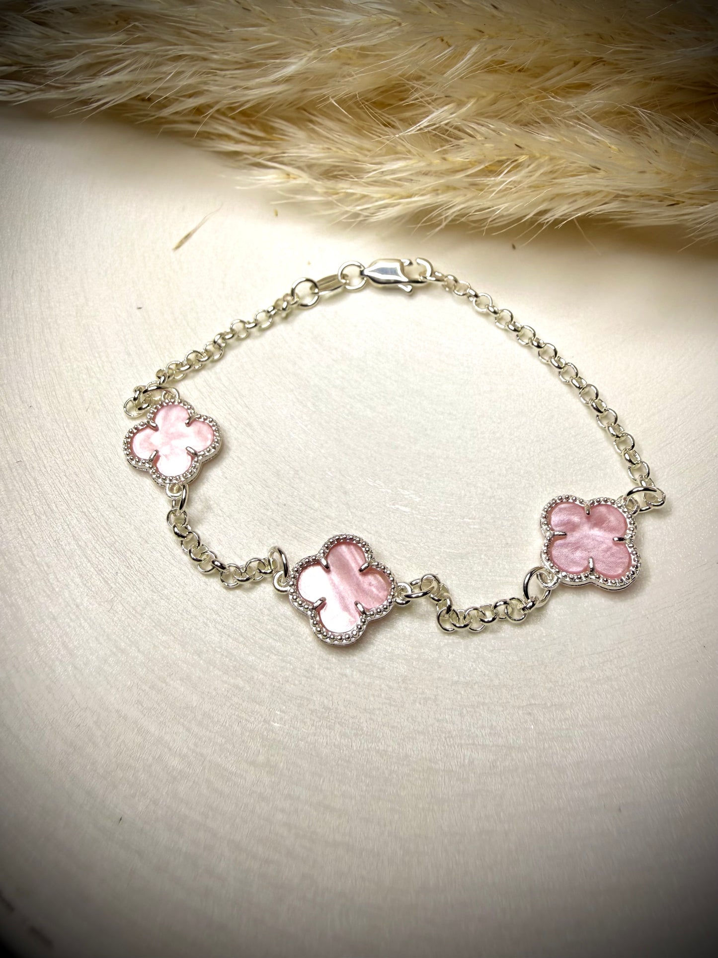 Pulsera Trébol Rosa Triple (Plata italiana 925)