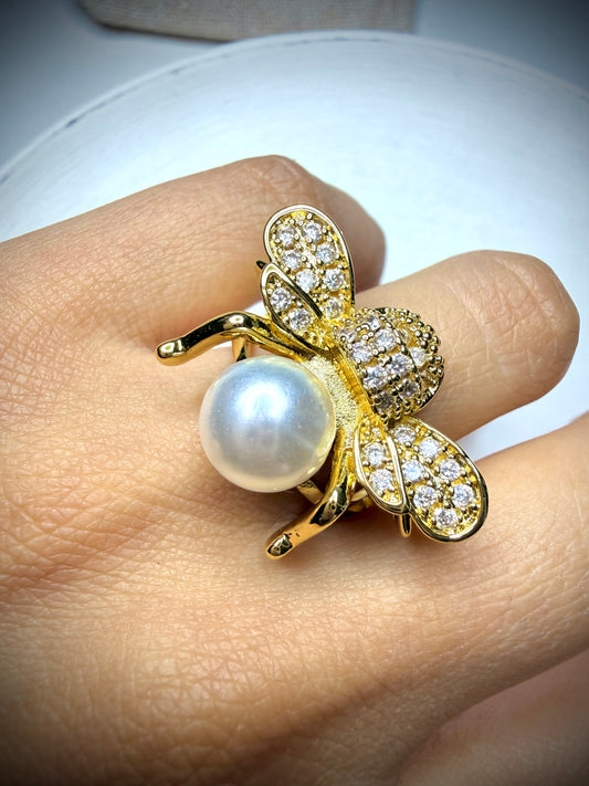 Anillo Ajustable Bee Pearl (Baño de Oro 18K)